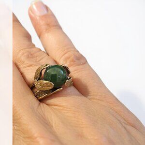 Art Nouveau Gold Washed Sterling Jade Orb Vintage 50's Ring Ladies 5.5 LEAF